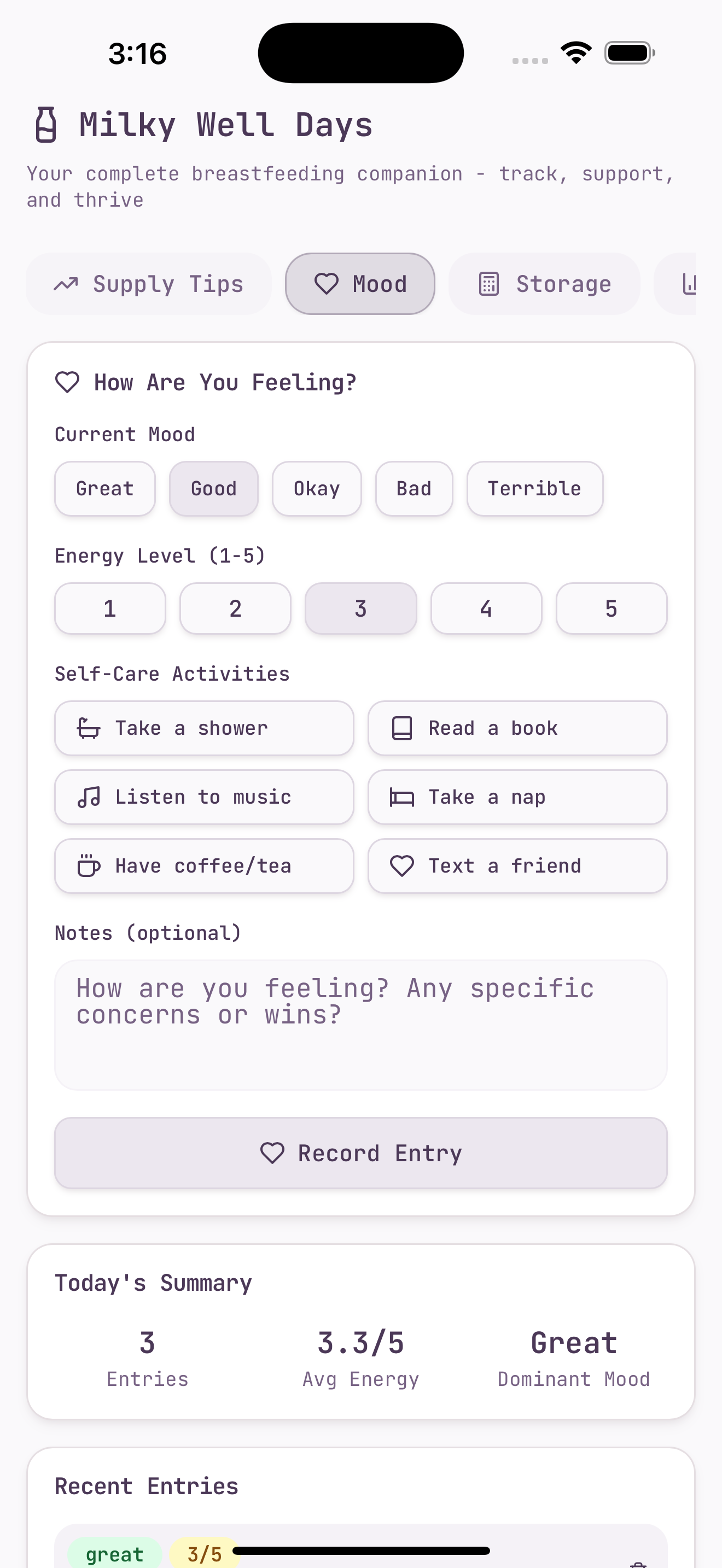 Milky Well Days app screenshot of mood tracking