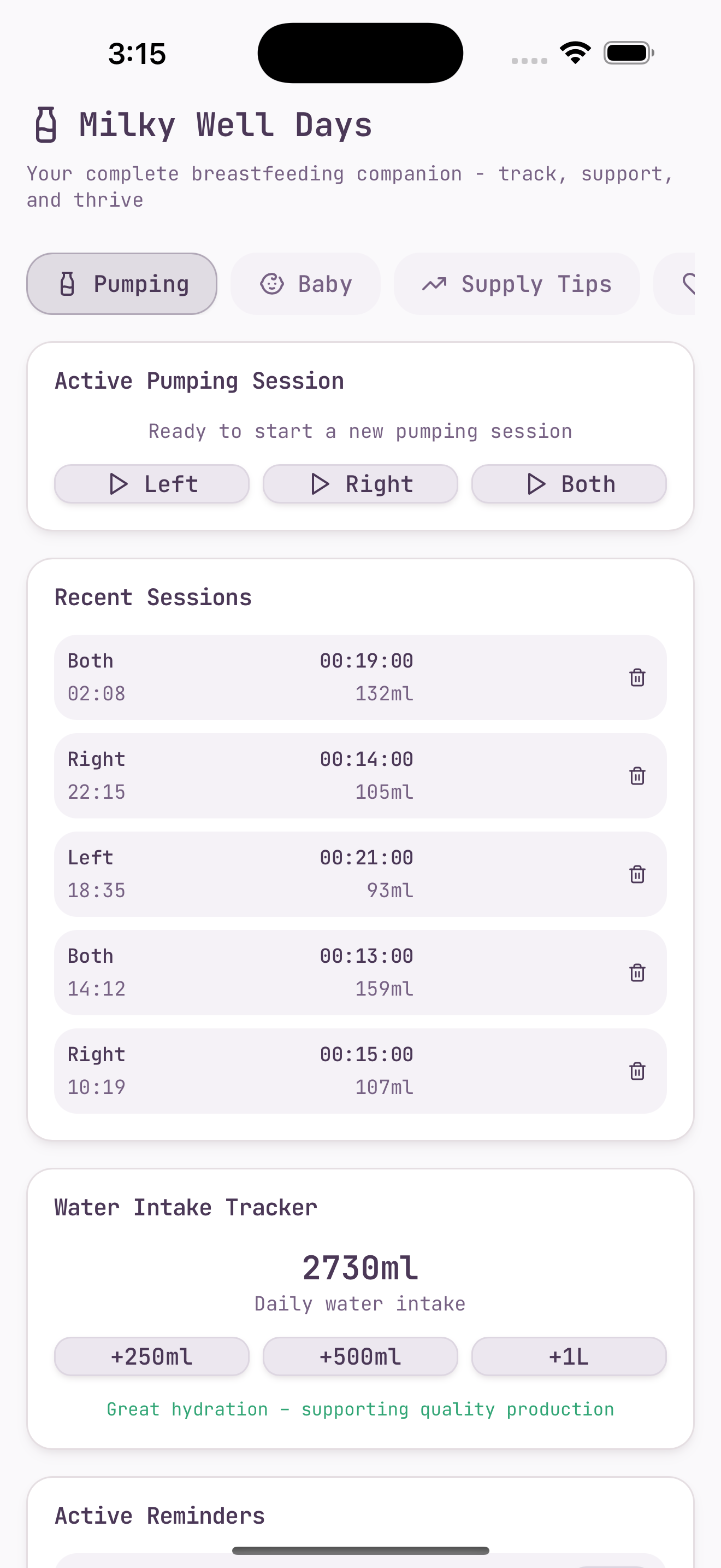 Milky Well Days app screenshot of a pumping session