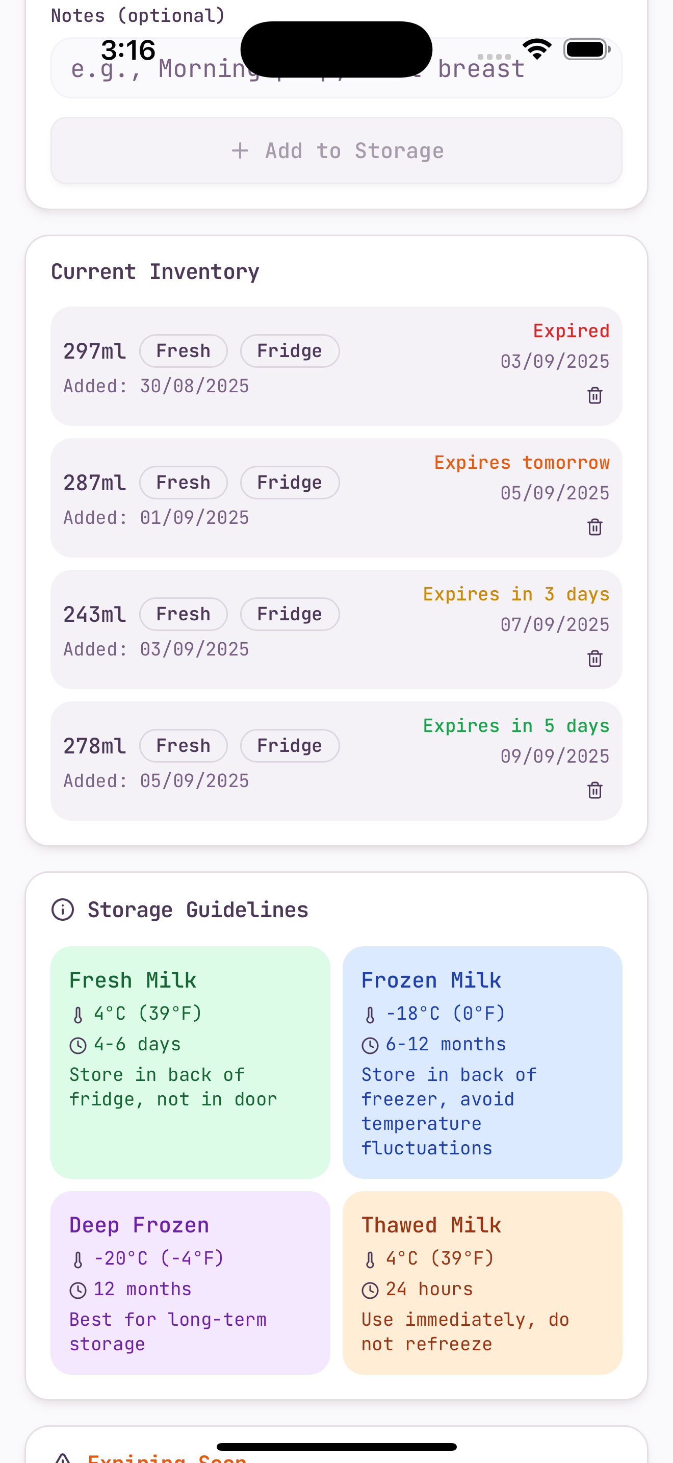Milky Well Days app screenshot of milk storage