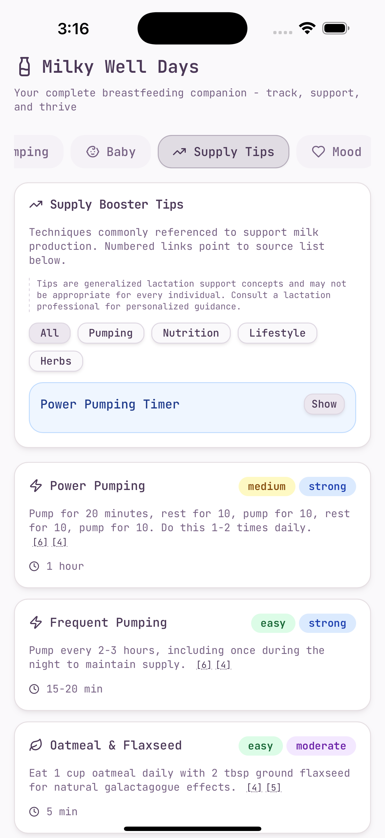 Milky Well Days app screenshot of supply tracking
